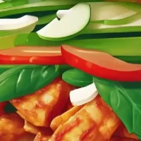 Fajitas de pollo con manzana sobre cama de espinaca